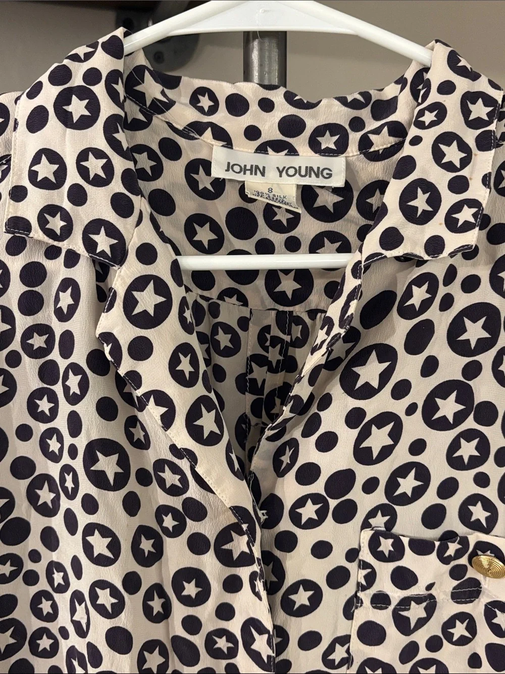 Vintage John Young 100% Silk Romper Size 8 Navy White Star Print Button Front
